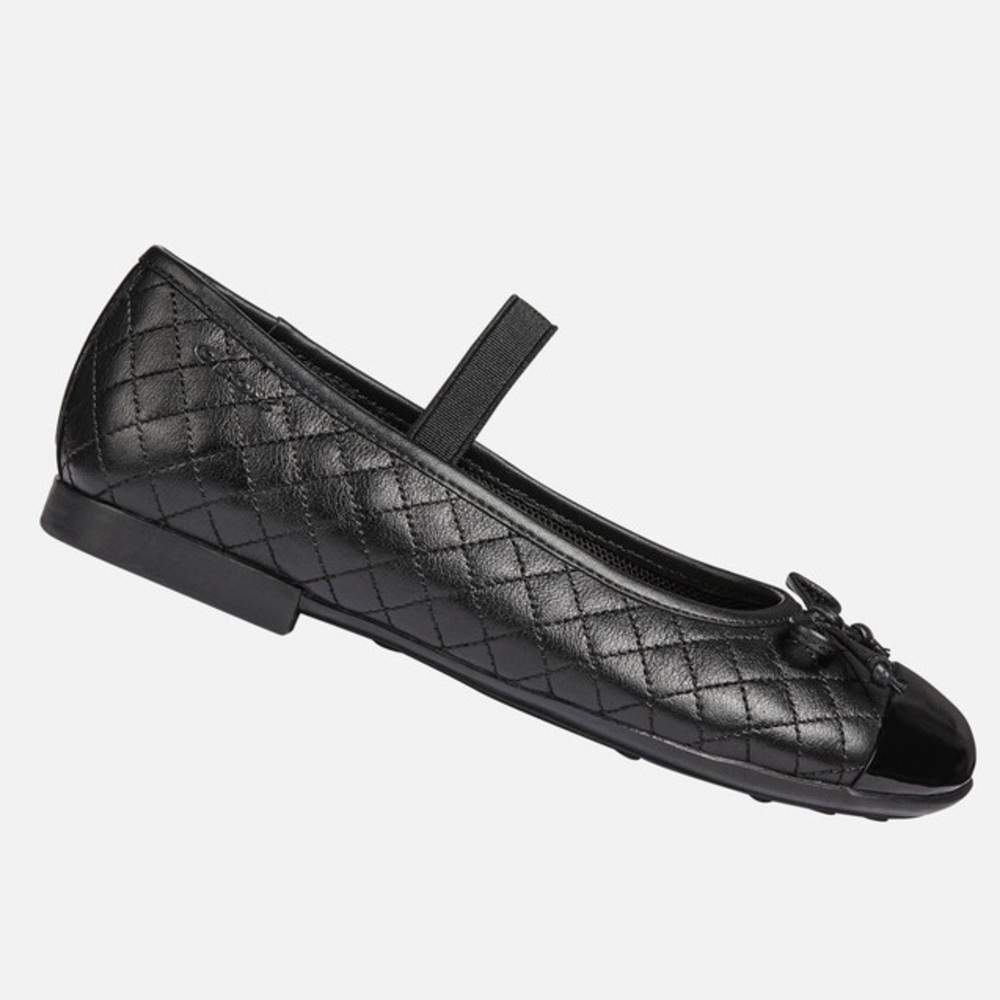 Geox Plie Girl Quilted Black Leather Patent Toe Ballet Flats with Elastic Strap - Picture 2 of 14